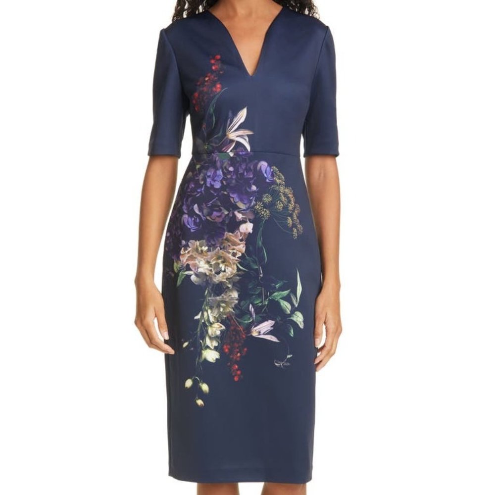 Ted Baker Blue Carvir Floral V Neck Sheath Dress